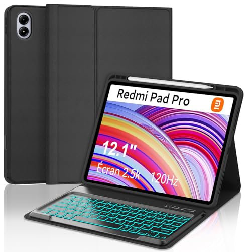 FOGARI Xiaomi Redmi Pad Pro 12.1 Tastatur Hülle - Xiaomi Pad Poco 12.1 Zoll 2024, 7 Farben Beleuchtung Magnetisch Abnehmbarer Tastatur mit QWERTZ Layout, Schwarz