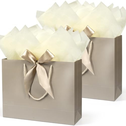 2 Stück Geschenktüten groß, Champagner Geschenktüte Set mit Seidenpapier und Grußkarte, Papiertüten mit Henkel, Geschenktaschen Geschenktüten für Geburtstag, Party, Hochzeit, Feier, 32 x 25 x 11 cm