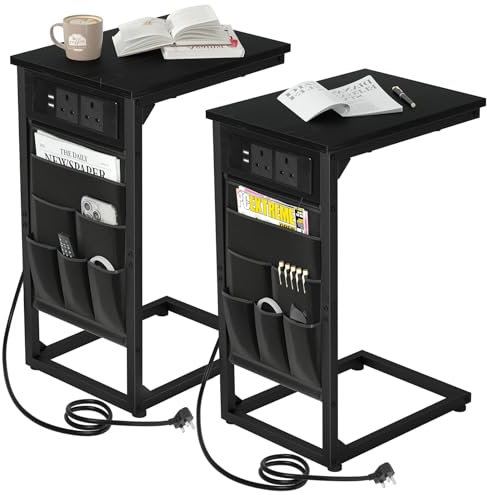 AMHANCIBLE C-Shaped Side Table with Charging Station, 2 USB & AC Outlets, Coffee Bedside Table Set of 2 with Cloth Storage Bag for Small Spaces, Sofa, Living Room,Bedroom, Black HET04CBK