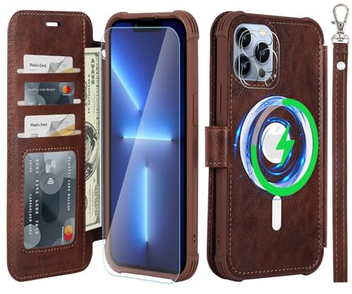 VANAVAGY Wallet Case Compatible for iPhone 13 Pro Max for Magsafe Wireless Charging,Leather Flip Wrist [Glass Screen Protectors]with RFID Blocking Card Holder,Brown