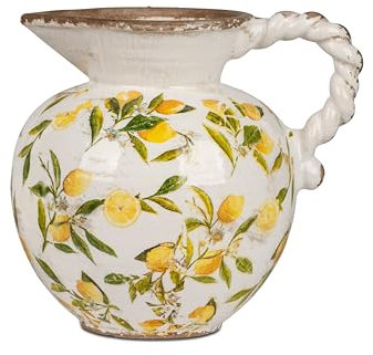 Formano Krug Vase Blumenvase in Vintage-Optik 21x19cm aus Keramik mit glasierter Oberfläche und Zitronen-Dekor verziert