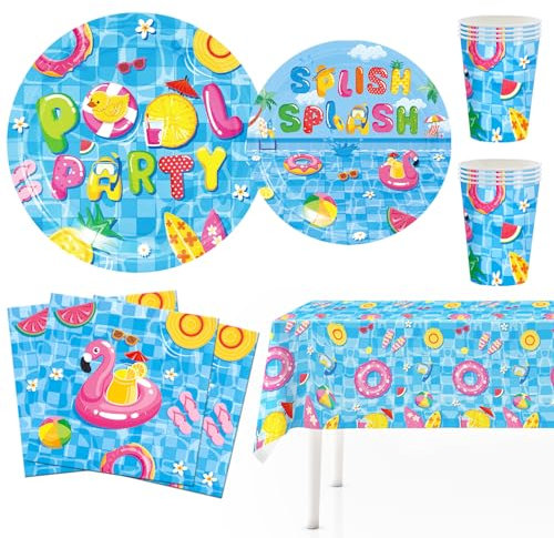 MORAINJAY Ensemble de Vaisselle Fête Piscine 51 Pièces, Assiettes, Tasses, Serviettes, De Fête Été Piscine Décoration de Table Anniversaire