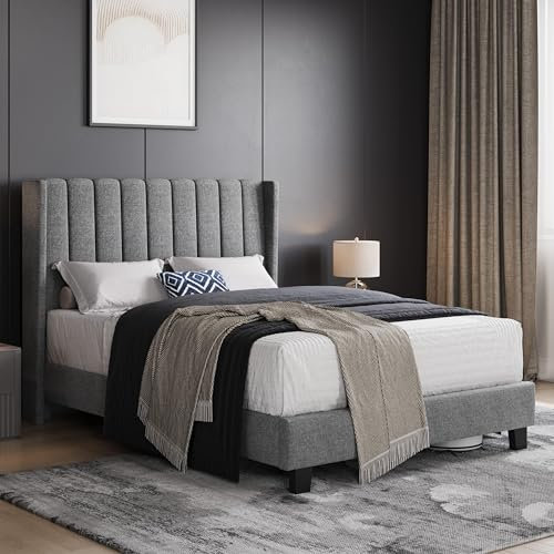 Yaheetech Lit Double 140x200 cm avec Sommier Lit Coffre avec Tête Cadre de Lits Capitonné Lits 2 Personnes pour Adultes Style Moderne Gris Clair