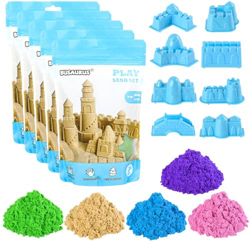 Magic Space Farbiger Sandspielset – 2,5 kg in 5 Farben mit 8 Burgformen, nicht klebender, formbarer Kunstsand, sensorisches Sandkastenspielzeug für Kinder ab 3 Jahren, leicht zu formen