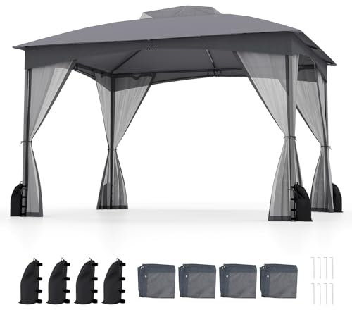 TANGZON 3.6/3 x 3M Outdoor Gazebo, Heavy Duty Metal Frame Garden Gazebo Canopy Tent with 2-Tier Vent Roof & Side Walls, Waterproof Marquee Sunshade Shelter Pavilion (365x300x286cm, Gray)