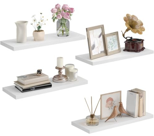 Somdot Wandregal Schlafzimmer, 40cm, T-Halterungen, 4er Set, Weiß | Schweberegal, Hängeregal,mit Wasserwaage, Holzwerkstoff, dekorativ, einfache Montage, Wohnzimmer, Küche, 14,7T x 40B x 1,5H