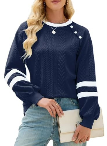 Quatrefox Sweatshirt Damen Langarm Oberteile Elegant Rundhals Shirt Basic Tunika Farbblock Freizeit Tshirt