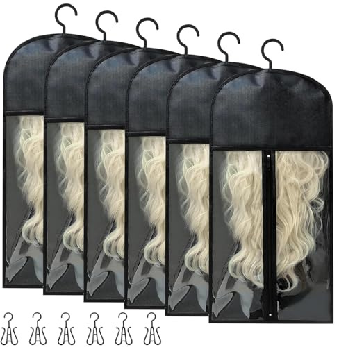 6 Stück Perücken Aufbewahrungstasche, Staubdichte Perückentasche mit Aufhänger Tragbare Haarverlängerung Aufbewahrung für Kleiderschrank Reise Perücke Lagerung (Schwarz)