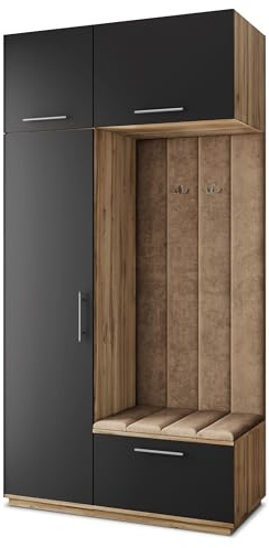 Masseno Flugarderoben Set Rema, Kleiderschrank-Set mit Sitzbank, Garderobenschrank Flur mit 5 Regalböden, Eiche Wotan/Schwarz