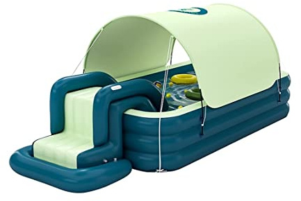 Family Swimming Inflatable Swimming Pool With Slide, Awning For Backyard Summer Blow Up Play Center Lounge Padding Paddling Pool Garden Pool(Grün,2.6m)