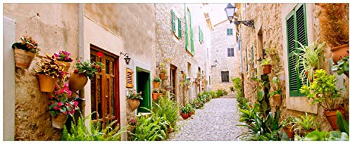 Wallario Glasbild Südländische Gasse mit Alten Häusern und grüner Oase - 50 x 125 cm Wandbilder Glas in Premium-Qualität: Brillante Farben, freischwebende Optik