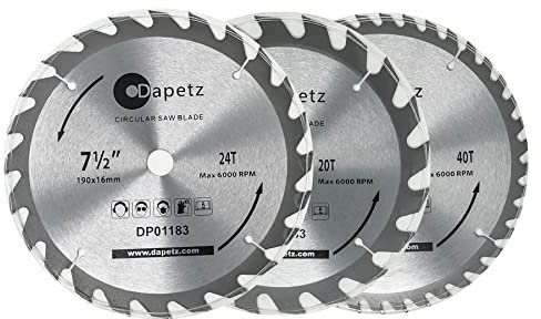 Dapetz® 3Pc 190mm TCT Circular Wood Saw Blades 20, 24 & 40 Teeth 16mm Bore Ideal for Hardwood, Softwood & Chipboard Compatible with Various Circular Saws