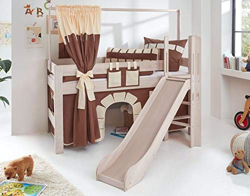 Froschkönig24 Hochbett Leo Kinderbett mit Rutsche Spielbett Bett Weiß Stoffset Burg