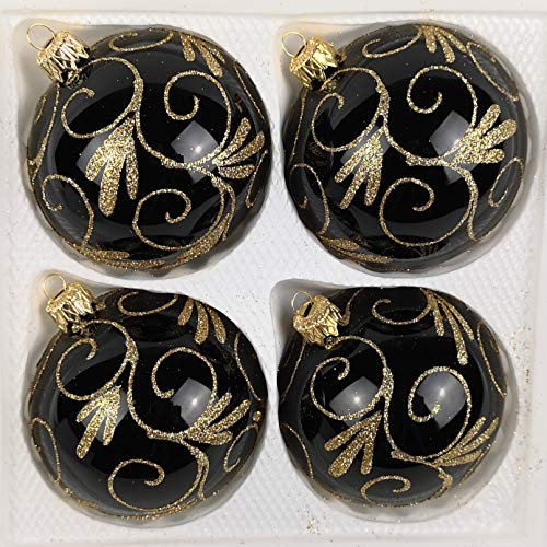 4 TLG. Glas-Weihnachtskugeln Set 10cm Ø in Hochglanz Schwarz Goldene Ornamente Edle Neuheit - Christbaumkugeln - Weihnachtsschmuck-Christbaumschmuck 10cm Durchmesser