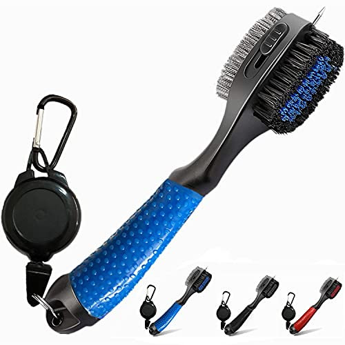 FINGER TEN Golf Club Cleaner Brush Oversized Brush Head Double Sided Brush with Spike for Cleaning Club Groove Retractable Zip-Line Clip Easy to Use (Blue-Wiithout Matnetic Clip)