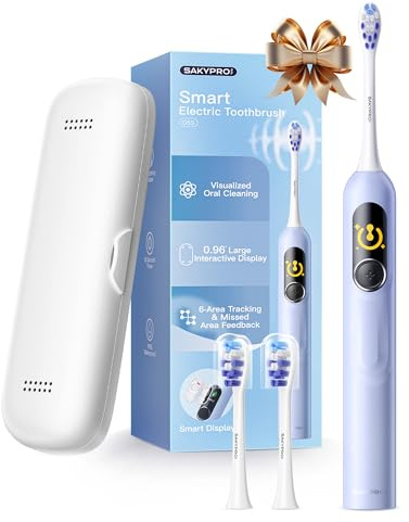 SAKYPRORAL Kids Electric Toothbrush for Boys Teens (6-15Y), Smart Screen with Brushing Score, Soft Bristles, Visual Timer for Braces, 150 Days Battery with Travel Case (Blue)