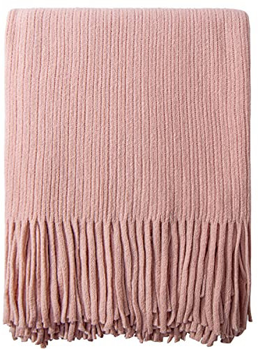 NTBAY Acrylic Knitted Throw Blanket, Lightweight and Soft Cozy Decorative Woven Blanket with 18 cm Tassels for Travel, Couch, Bed, Sofa, 130x170 cm, Pink Striped