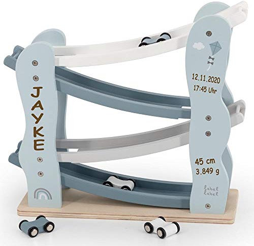 Autobahn Kugelbahn aus Holz blau personalisierbar mit Name und Geburtsdaten Baby Geschenk mit Gravur