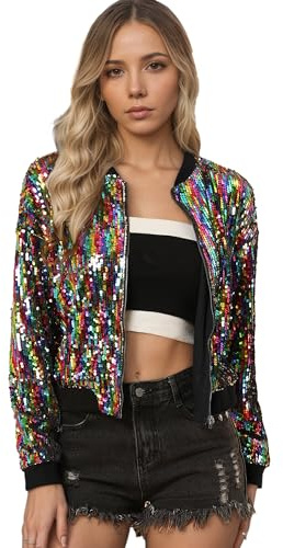 Allegra K Damen Glitzer Jacke Bomberjacke Pailletten Sequin Jacken | Langarm Metallic Bomber Party Club Jacke
