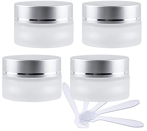 ZEOABSY 4 Pièce Petits Pots en Verre 20ml Translucide Bocaux en Verre Cosmétique avec Argent Bouchon à Vis Vides avec Bouchon Intérieur et 4X Spatule pour Crèmes Fait Maison,Poudres,Baume À Levrès