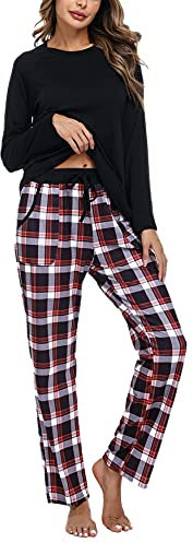 Uniexcosm Pyjama Femme Coton Long Ensembles de Femme Hiver Carreaux Col Ronde Manches Longues Pyjama pour Femme avec Poches Latérales Noir M