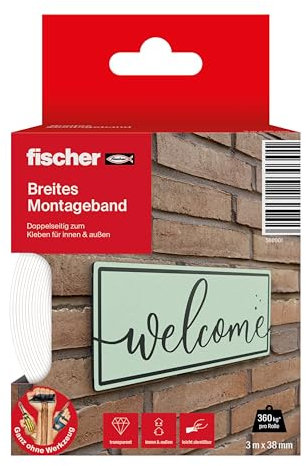 fischer Montageband breit, 3 m x 38 mm, doppelseitiges & starkes Klebeband, Aufhängung ohne Bohren bei optimaler Lastverteilung, für Spiegel, Bilder, Deko, Haken uvm., in Transparent