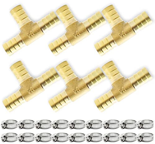 Bwintech 6 Pezzi Raccordi portagomma, 10 mm 3 vie Tee Raccordo portagomma in ottone con 18 morsetti