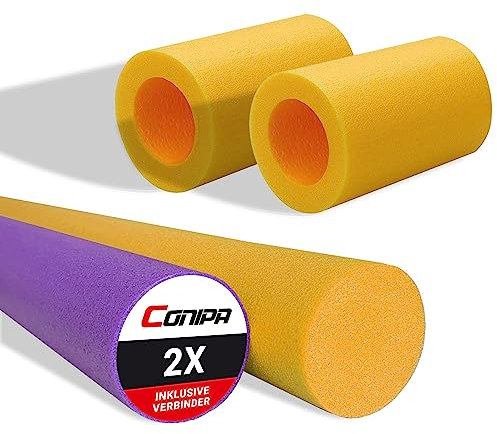 Conipa® - 2 Stück Schwimmnudel (160 x 7 cm) für Kinder& Erwachsene INKL. VERBINDER (Schaumstoff) - Poolnudel Set ab 3-10 Jahre (Made IN Europe) - Pool Wassernudel & Spielzeug (Lila + Orange)