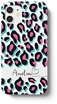 iCaseDesigner Personalised Name with Heart Animal Print Phone Case Compatible with iPhone 13 Pro Max. 13. Funky Pink Turquoise Leopard