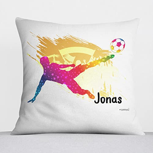 Sunnywall® Kissen mit niedlichen Motiv für Kinderzimmer Babyzimmer Kuschelkissen Tiermotive individuell personalisiert 40 x 40 cm (40 x 40 cm, Fussball Spieler)