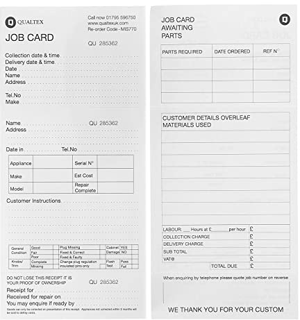Masterpart Engineer Job Card Works Record Sheet Pad Garage Workshop Service Repair 100 Pack
