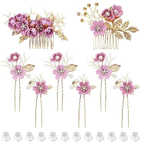 inSowni 20 Pack Purple Decorative Flower Bridal Wedding Hair Side Combs+U-shaped Flower Hair Pins+Twist Spiral Pearl Hair Pins Headpieces Accessories for Brides Bridesmaids Women Girls (Purple)