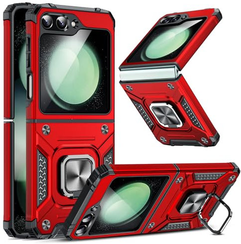 LeYi Cover per Samsung Z Flip5 con Anello Supporto, Custodia Armour TPU Bumper Antiurto Case Cover per Telefono Samsung Galaxy Z Flip 5 5G, Rossa