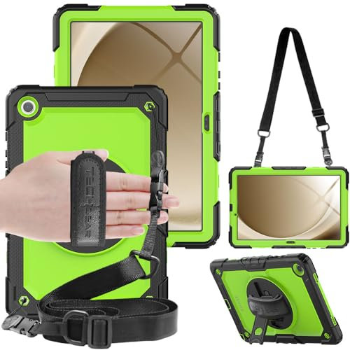 TECHGEAR UTILITY Case fits Samsung Galaxy Tab A9 Plus 11 (SM-X210 / SM-X215) Tough Rugged HEAVY DUTY Armour Shockproof Impact Case with 360 Rotating Stand, Hand Strap & Shoulder Strap - Green