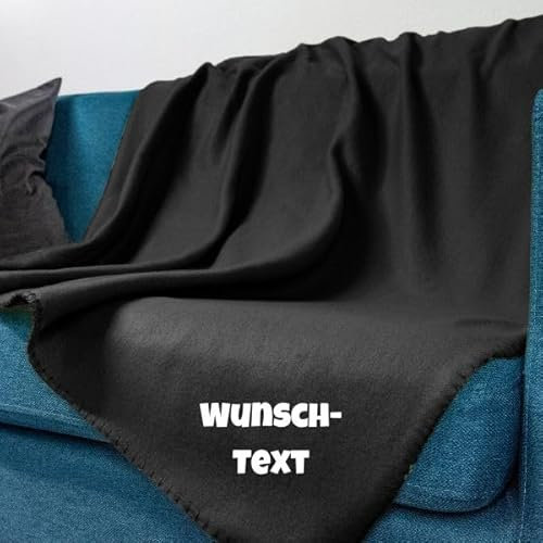wometo Fleecedecke OekoTex - personalisert mit Name oder Wunschtext hochwertiger Flock-Druck - 130x160 ca. 400g wertiges Gewicht mit Anti-Pilling Kettelrand schwarz