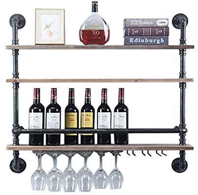 HarBin-Star 3 Ebenen Weinregal Wand, Flaschenregal Holz mit Metallrahmen, Industrial Design für Zuhause, Bar, Küche, Restaurant