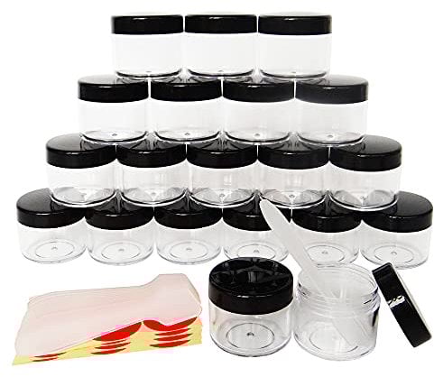 Wopanxye 20pcs 20ml Makeup Sample Round Pot, 20g Empty Storage Jars, Small Plastic Cosmetic Container with BLACK lids for Beauty Eyeshadow Hand Cream Face Lotions Powder Lip Gloss Balm Hair Wax Oils