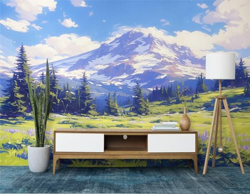 Papier Peint Panoramique Montagnes Rivières Paysages Prairies, 300 x 210 cm (WxH) Poster Mural, Coloré Peinture Murale pour Salon Chambre Chambre d'enfants Restaurant Décoration Murale