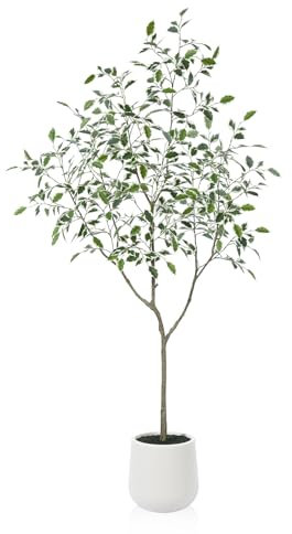 Fopamtri Ficus Plantes Artificielles Interieur 180 cm Fausse Plante en Blanc Pot, Grande Artificielle Ficus pour Intérieur Salon Chambre Jardin Décoration (1 Pièce)