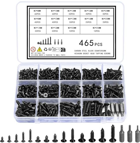 Vwoqiy 465 Pcs M3 M4 M5 Vis Autoforeuse Metal, Vis Autotaraudeuses Auto-foreuses, Visser à Bois, Visser à Six Pans Creux à Tête Plate à Tôle à Tête Fraisée Autotaraudeses, avec 3 Embouts