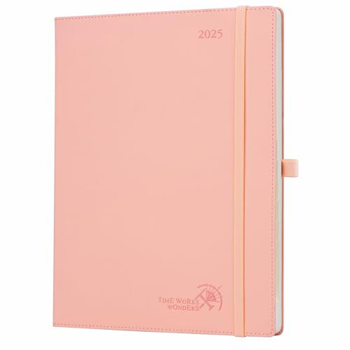 POPRUN Agenda 2025 Semainier A4 Grand Format 28,5 x 22,2cm en Français - Couverture Souple en PU Cuir, Intervalles de 15 minutes, D'Jan 2025 à Déc 2025, Papier 100g/m², Boîte Cadeau - Rose Doux-SPK