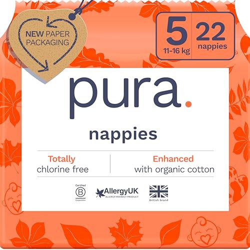 Pura Eco Baby Nappies - Size 5 (11-16kg / 24-35 lbs), 1 Pack (22 Nappies), Ultra Soft Nappies for Sensitive Skin, Organic Cotton, Up to 12hrs Leak Protection, New Size Guide