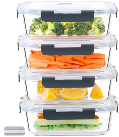 lwansny Glasbehälter mit deckel,Meal Prep Boxen Glas Mit Luftlöchern,4*640ml Frischhaltedosen mit Deckel, BPA-frei Glasschüssel mit Deckel ,Auslaufsicher Tupperdosen set, für Mikrowelle, Spülmaschine