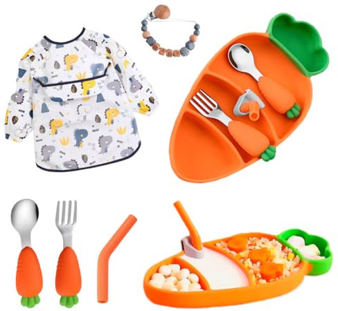 MINI DU BABY SHOP - Set Completo de Vajilla de Silicona para BLW - Plato con Ventosa Anti-Vuelco, Babero Impermeable, Libre de BPA - Ideal para Iniciar la Alimentación Complementaria