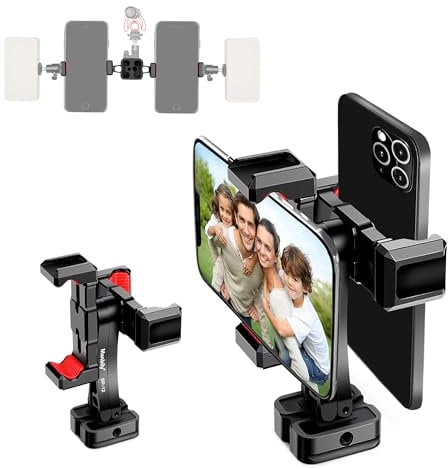 Manbily Dual Cell Phone Holder Aluminum Alloy Tripod Mount, Metal Double Smartphone Clips Adapter for Selfie Stick Camera, 360° Rotating 1/4” 3/8” Acra Swiss Cold Shoe for Vlog Live Streaming (SP-12)