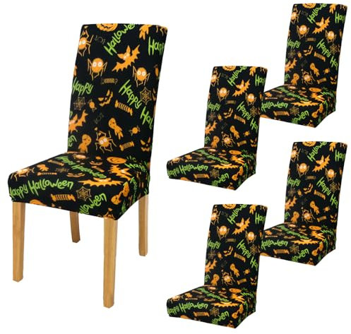 RWUDV 4 Stück Spinnen-Halloween-Esszimmerstuhlhussen, Halloween-Stuhlhussen, Schwarz-weißes Spinnennetz-Muster, Esszimmerstuhl-Schonbezüge, Elastische Elastische Sitzbezüge für (4