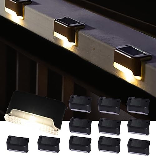 Hqynss Solar-Terrassenleuchten IP65, wasserdicht, 12er-Pack Solar-Stufenleuchten – LED-Treppenleuchten für den Außenbereich für Stufen, Zäune, Hof, Terrasse, Garten, Pool, Auffahrt (Schwarz, Warmweiß)