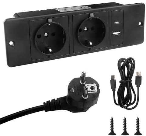 Getyjoe Prise Encastrable de Table, Multiprise Encastrable Plan de Travail Cuisine avec 1 USB-A et 1 Type-C 2 Prises avec Câble 1.5m Prise de Table pour Meuble ou Plan de Travail (Noir PD20W)
