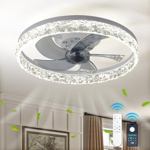 diisunbihuo 20 Modern LED Ceiling Fan with Lights Dimmable Acrylic Dimmable Low Profile Ceiling Fan Flush Mount Bladeless Chandelier Fan Stepless Color Temperature Change and 6 Speeds (White)