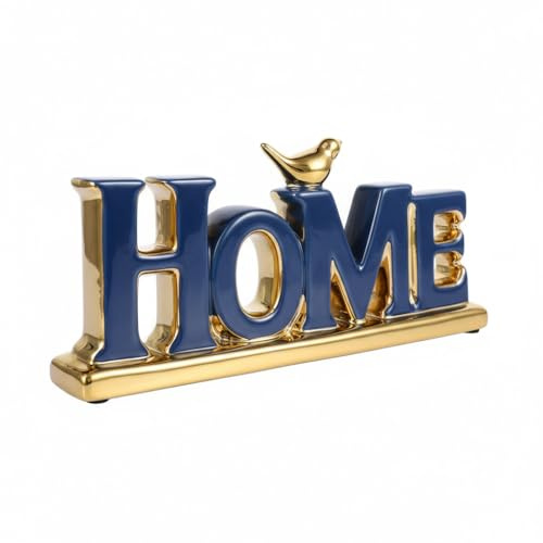 UANYEMON Home Deko Schriftzug in Blau und Gold mit Vogel, Moderne Dekofigur aus Keramik für Wohnzimmer, Schlafzimmer und Schreibtisch, Dekorativer Aufsteller für Regal, Kamin und Tisch